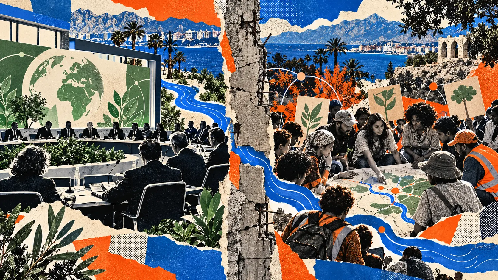 Resmî iklim zirvesi ile halkların iklim adaleti buluşmasını karşı karşıya getiren kolaj